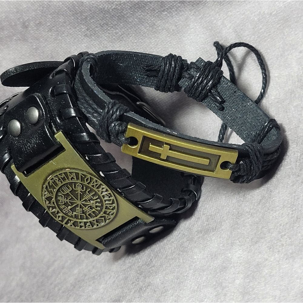 Black Genuine Leather and Dualtone Adjustable Bracelets - Picture 4 of 16